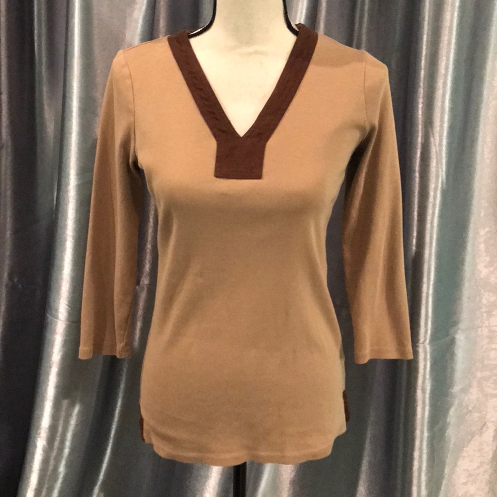 Lauren Ralph Lauren Tan and Brown 3/4 Sleeve Top